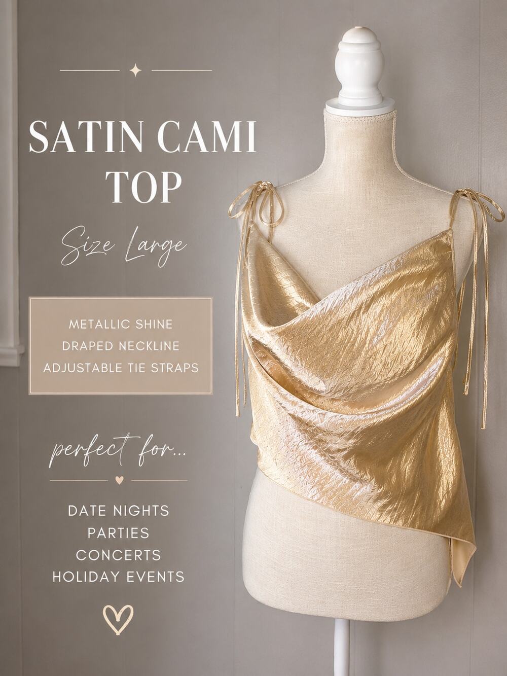 Satin Gold Cami Top Large Metallic Draped Asymmetrical Tie Strap Y2K Going Out